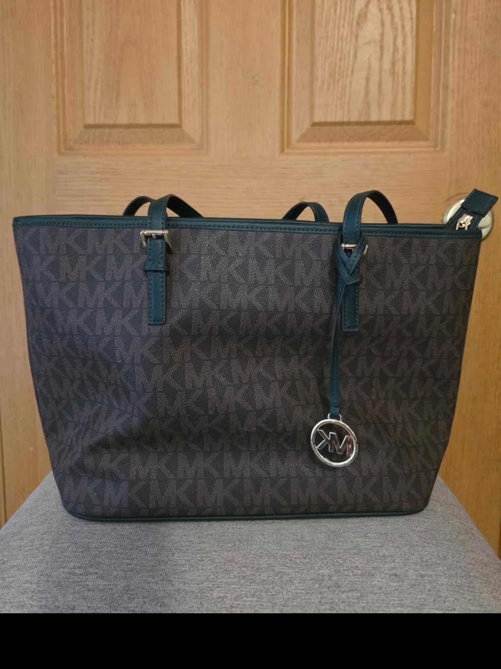 New With Tags!!Michael Kors Brown Monogram Tote with Teal Trim
